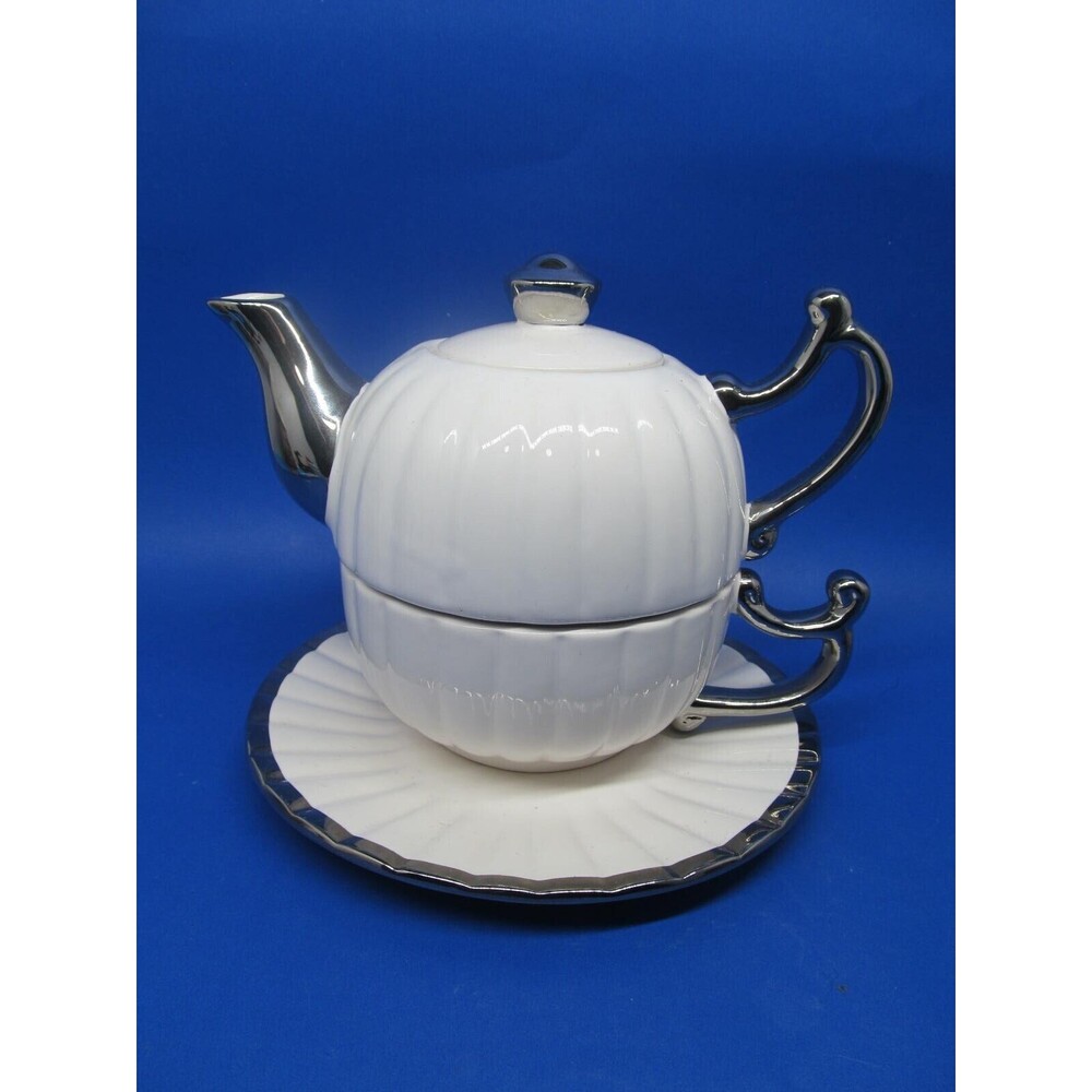 Pier 1 Imports Grace Tea For One White And Silver Teapot Cup And Saucer EXC Cond